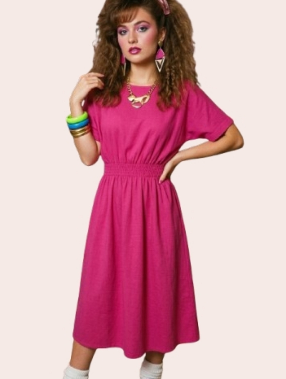 Vintage Renata B Bright Hot Pink Smocked-Waist Midi dress Size Small